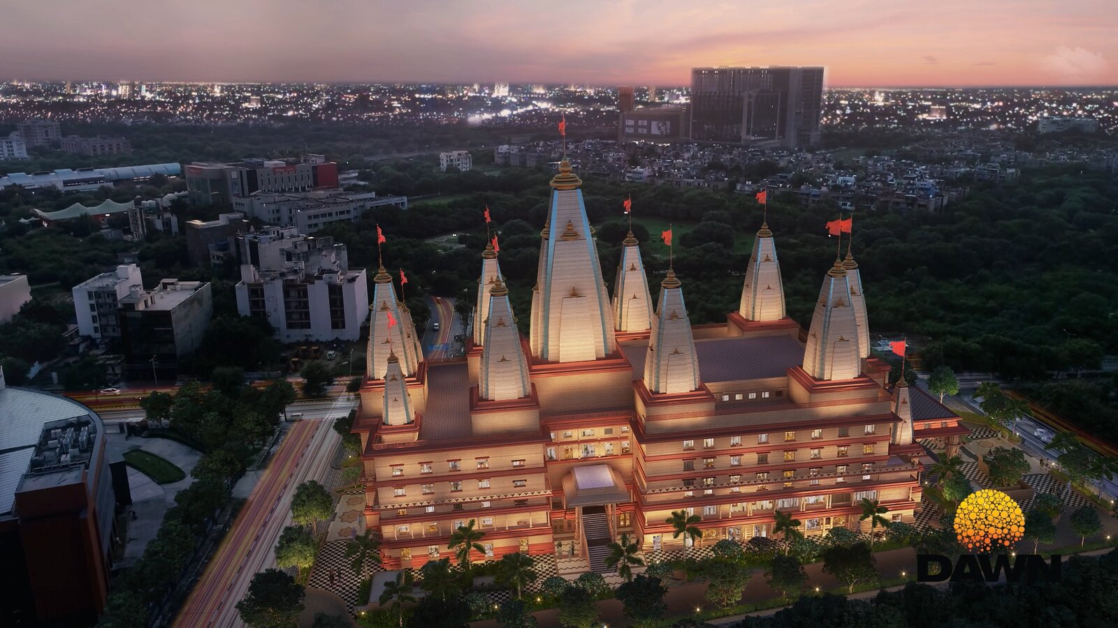 Aerial view of the temple at dusk, illuminated
