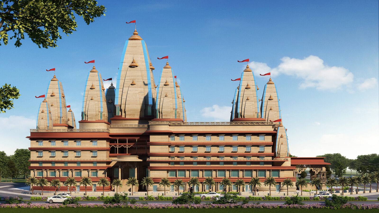 Elevation view of the temple's nine shikharas